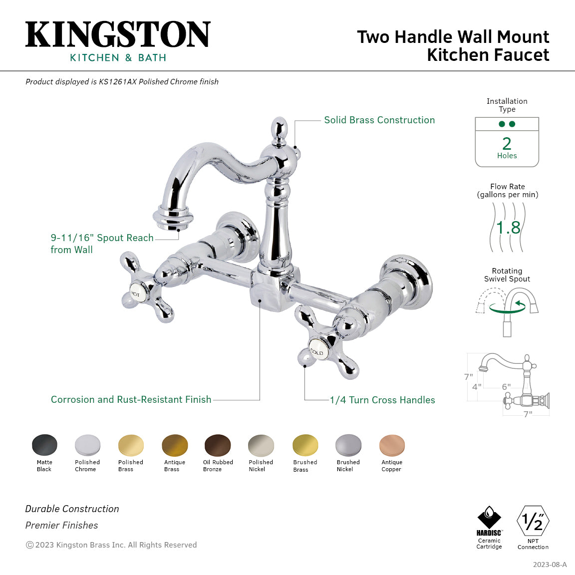Kingston Heirloom KS1268AX - Heritage Two-Handle 2-Hole Wall Mount Bridge Kitchen Faucet, Brushed Nickel — thumbnail 2